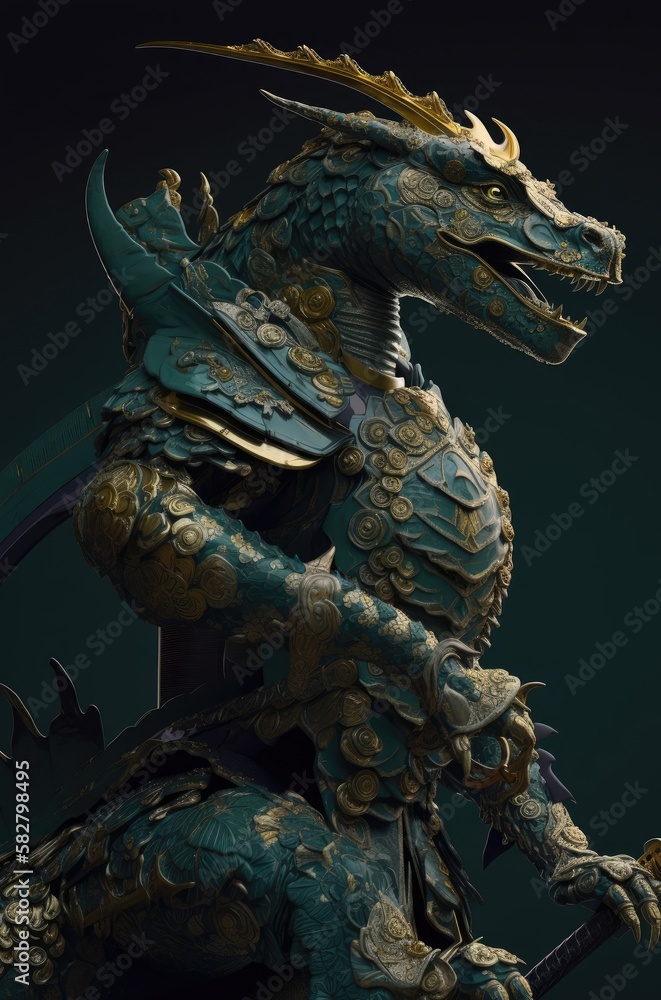 Fototapeta premium Dinosaur Skillful Samurai Warrior Soldier Portrait Generative AI