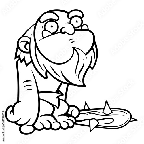 Cartoon illustration of Caveman with bearded face wearing clothes made of animal skin. Carrying a cudgel made from wooden and stone. Best for outline, logo, and coloring book with prehistoric themes