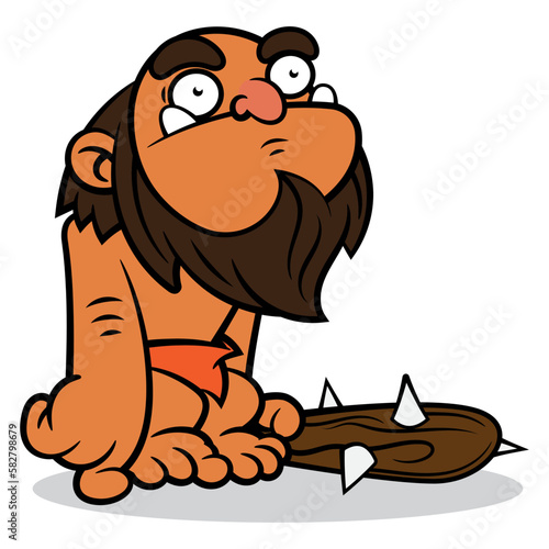 Cartoon illustration of Caveman with bearded face wearing clothes made of animal skin. Carrying a cudgel made from wooden and stone. Best for mascot, logo, and sticker with prehistoric themes