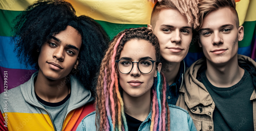 Smiling faces of happy young gays and lesbians surrounded by colors of the rainbow pride flag, conveying the message of love, inclusivity, and respect for diversity. LGBTQ+ community. Generative AI. Smiling faces of happy young gays and lesbians surrounded by colors of the rainbow pride flag, conveying the message of love, inclusivity, and respect for diversity. LGBTQ+ community. Generative AI.