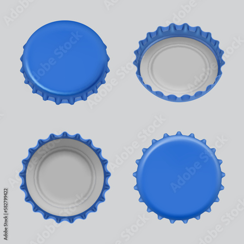 Beer caps. Realistic templates of different views of soda or alcoholic drinks bottle caps decent vector collection