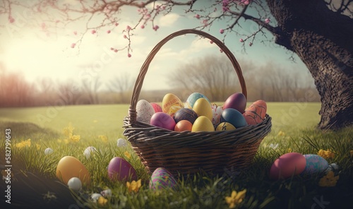 Photographie a basket full of colored eggs sitting in the grass next to a tree with flowers in the grass and a tree with a blossomy branch in the background
