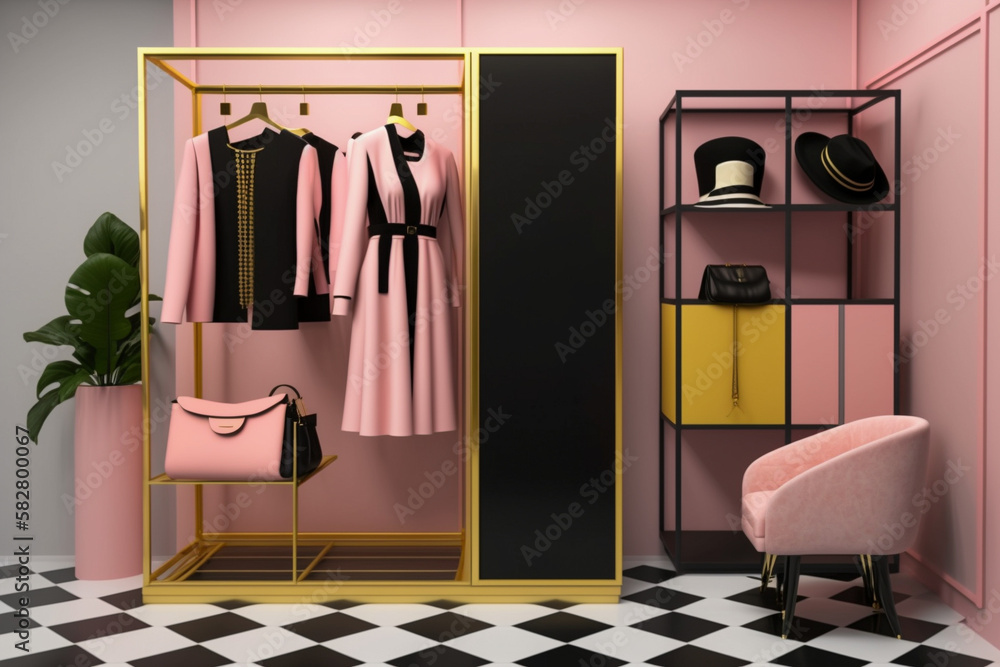 Modern interior design of female clothing store. Super photo realistic background. Generative ai illustration Modern interior design of female clothing store. Super photo realistic background. Generative ai illustration