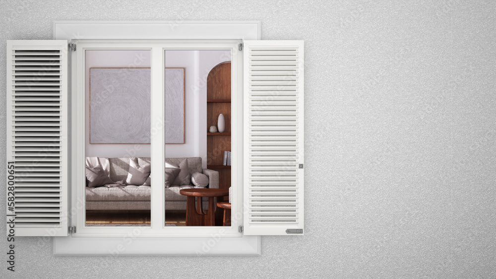 Fototapeta premium Exterior plaster wall with white window with shutters, showing japandi living room in boho style, blank background with copy space, architecture design concept idea, mockup template