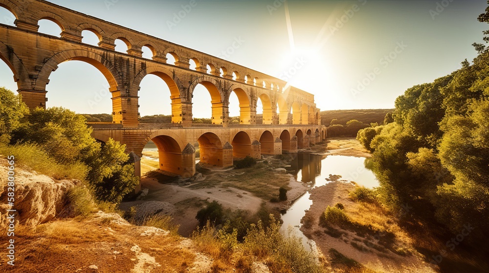 Majestic Legacy: A Panoramic Showcasing the Stunning Pont du Gard, France's Finest Roman Aqueduct - obrazy, fototapety, plakaty 