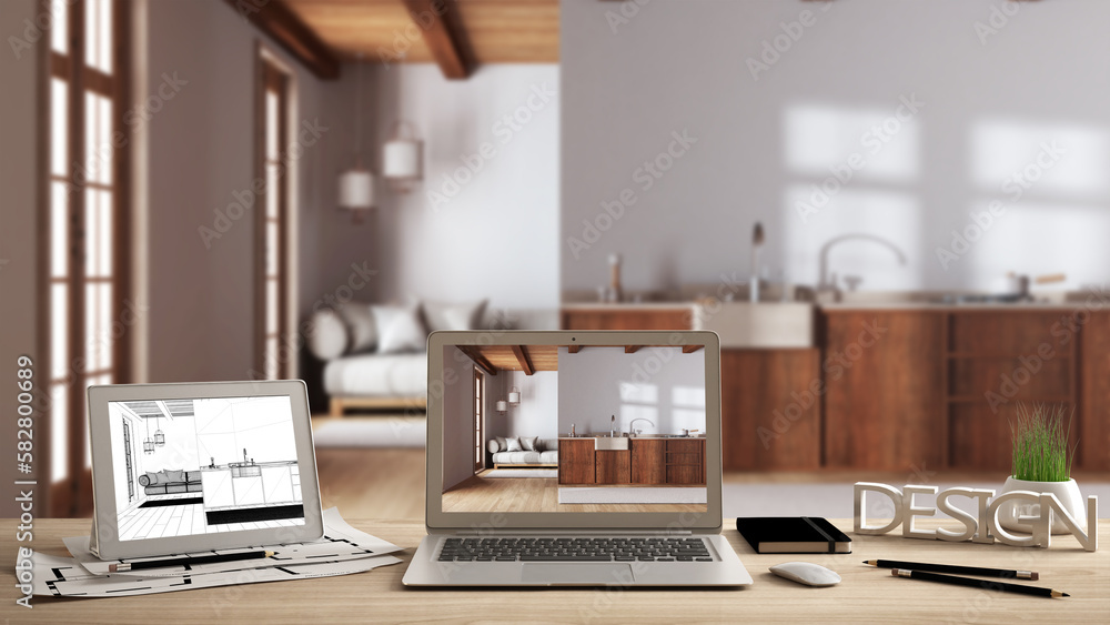 Architect designer desktop concept, laptop and tablet on wooden desk ...