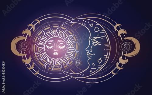Magic banner for astrology, heavenly alchemy. Celestial art for zodiac, tarot, universe device, crescent moon with face, clouds, sun with moon on black background. Esoteric vector