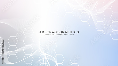 Modern science background with lines, dots and hexagons. Wave flow abstract background. Molecular structure for medical, technology, chemistry, science. Vector illustration