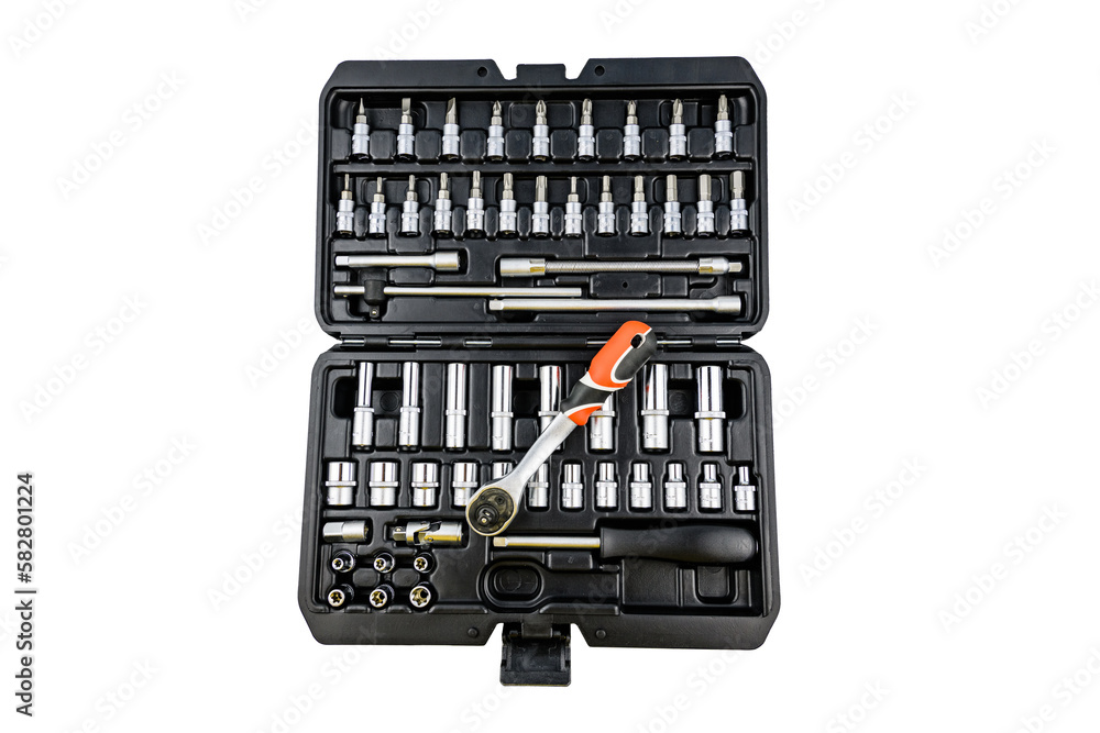 Socket set with socket wrench isolated on white background. Toolkit for the car maintenance Socket set with socket wrench isolated on white background. Toolkit for the car maintenance