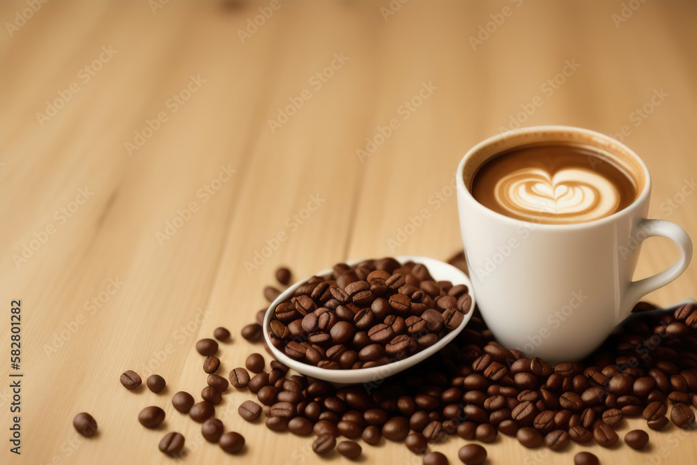 Coffee mug on a table with beans on a wooden table, AI generative. Coffee mug on a table with beans on a wooden table, AI generative.
