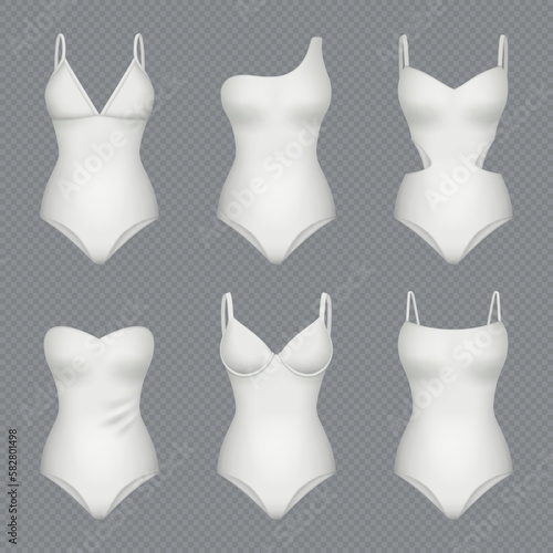 Female swimsuit. Fashioned bodysuit mockup decent vector realistic templates isolated