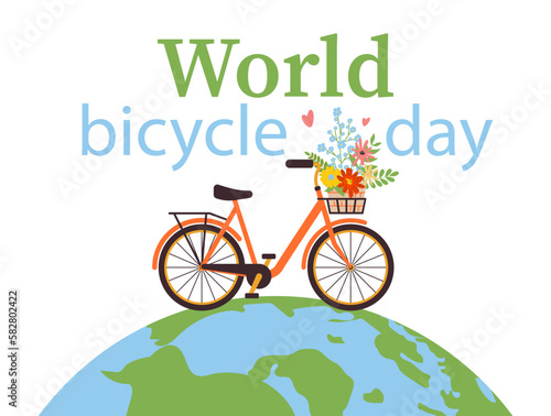 World Bicycle Day. Beautiful bicycle with basket of flowers, globe. Concept of  healthy lifestyle. Safe cycling. Car free day. For poster, banner, background and wallpaper. Vector illustration   photo