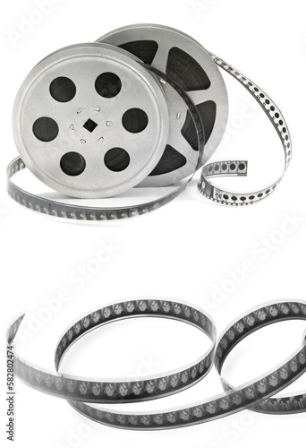 Film reel isolated on white . Collage. Vertical photo.