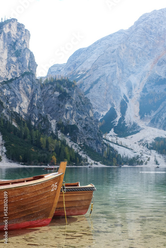 Pragser Wildsee, Lake Prags, Lake Braies, Lago di Braies, Prags Dolomites in South Tyrol, Italy; Boat rental in Pragser Wildsee; Beautiful Lake in Italy with Mountain in the Background; Italy Tourists