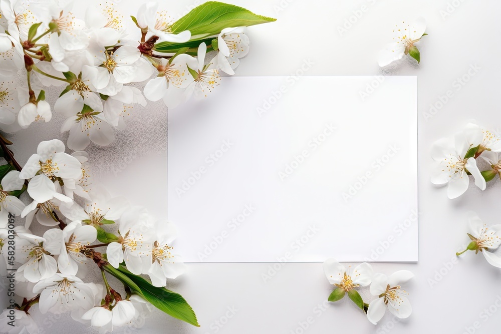 un papier blanc horizontal entouré de fleurs avec un angle de tête. Idéal pour la photographie de produits.