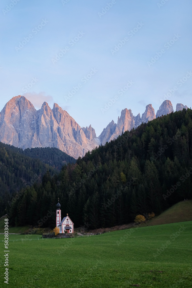 Church of St. John of Nepomuk with the Dolomites Peaks - Santa Maddalena, Val Di Funes, Tyrol, Italy