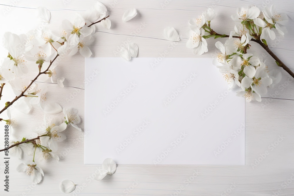 un papier blanc horizontal entouré de fleurs avec un angle de tête. Idéal pour la photographie de produits.