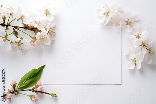 un papier blanc horizontal entouré de fleurs avec un angle de tête. Idéal pour la photographie de produits.