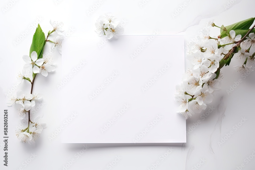 Fototapeta premium un papier blanc horizontal entouré de fleurs avec un angle de tête. Idéal pour la photographie de produits.
