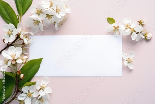 un papier blanc horizontal entouré de fleurs avec un angle de tête. Idéal pour la photographie de produits. © MiniMaxi