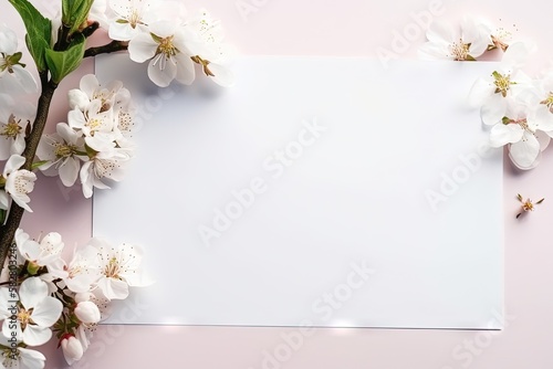 un papier blanc horizontal entouré de fleurs avec un angle de tête. Idéal pour la photographie de produits. © MiniMaxi