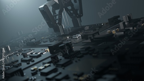 Foto robotic arm assembles microelectronics