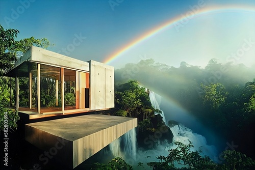 futuristic room in the middle of nature with a rainbow in the sky