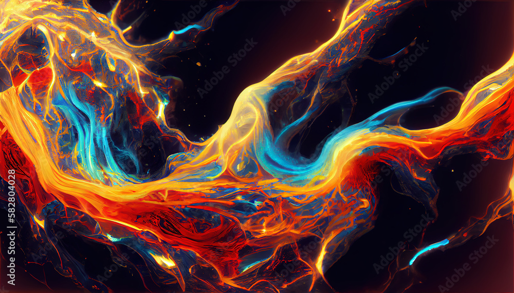 Colorful liquid paint with blue and orange veins over black background