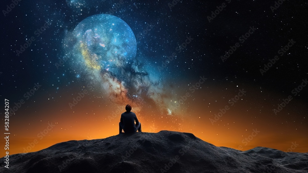 Un homme assis seul sur la lune regarde les étoiles colorées de l'univers.