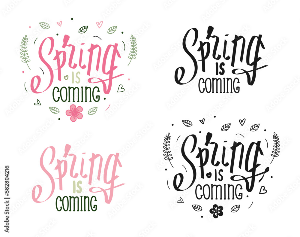 Spring lettering with the phrase Spring is coming. A handwritten set of isolated vector inscriptions. Template for postcards, banners.