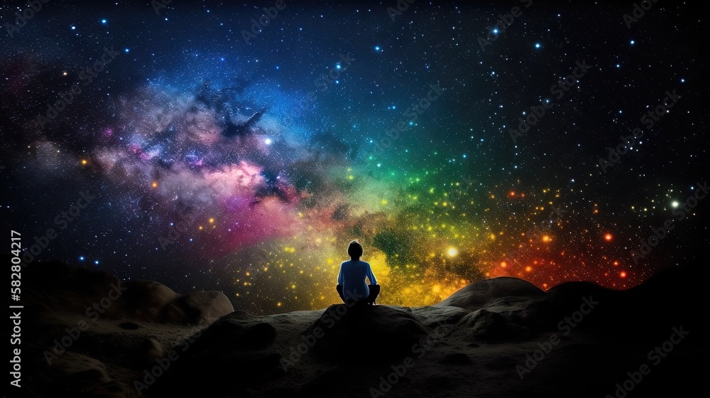 Un homme assis seul sur la lune regarde les étoiles colorées de l'univers.