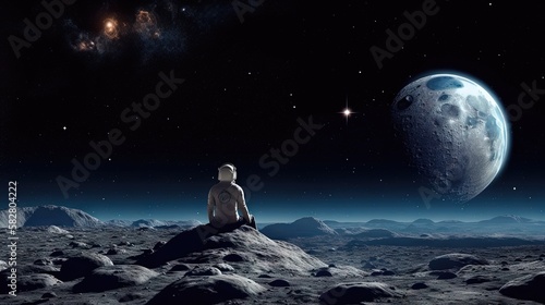 Un homme assis seul sur la lune regarde les étoiles colorées de l'univers.