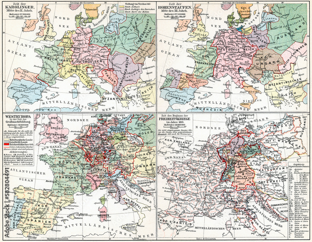 Maps of Europe during the Hohenstaufen dynasty, Carolingian dynasty, Age of Enlightenment and Napoleonic Wars. Publication of the book 