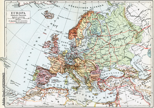 Political map of Europe. Publication of the book "Meyers Konversations-Lexikon", Volume 2, Leipzig, Germany, 1910