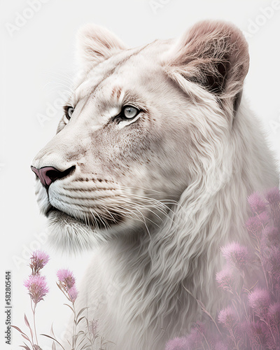 Generated photorealistic image of a white lioness in flowers