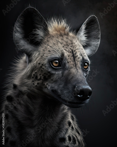 Generated portrait of an African hyena with bright yellow eyes against a contrasting black background 