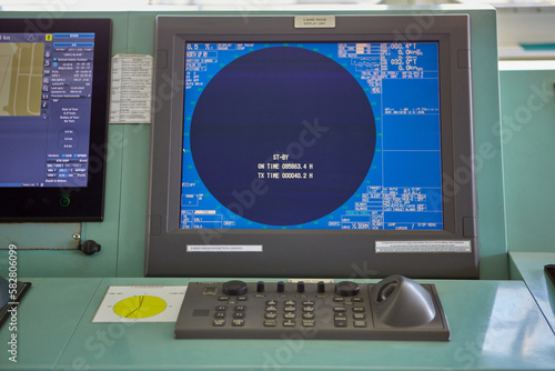 Captain's bridge on the ship. Navigation equipment. Ship control systems.