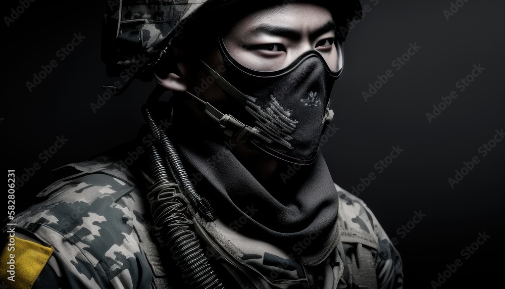 Soldier close-up eyes and mask with black background. Fictional person created with generative AI