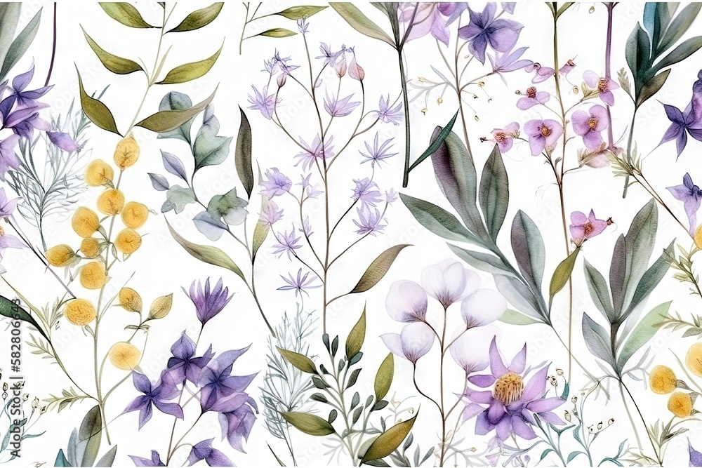 Un motif harmonieux à l'aquarelle avec des fleurs sauvages éthérées, des feuilles. Plantes sauvages, fleurs, branches. fond floral nature