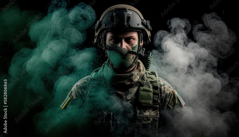 Soldier close-up face with mask and military equipment with green and white smoke in background. Fictional person created with generative AI