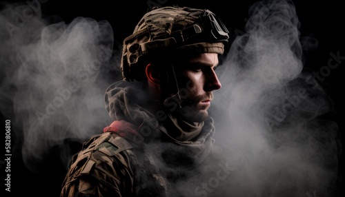Soldier close-up face with mask and military equipment with white smoke in background. Fictional person created with generative AI