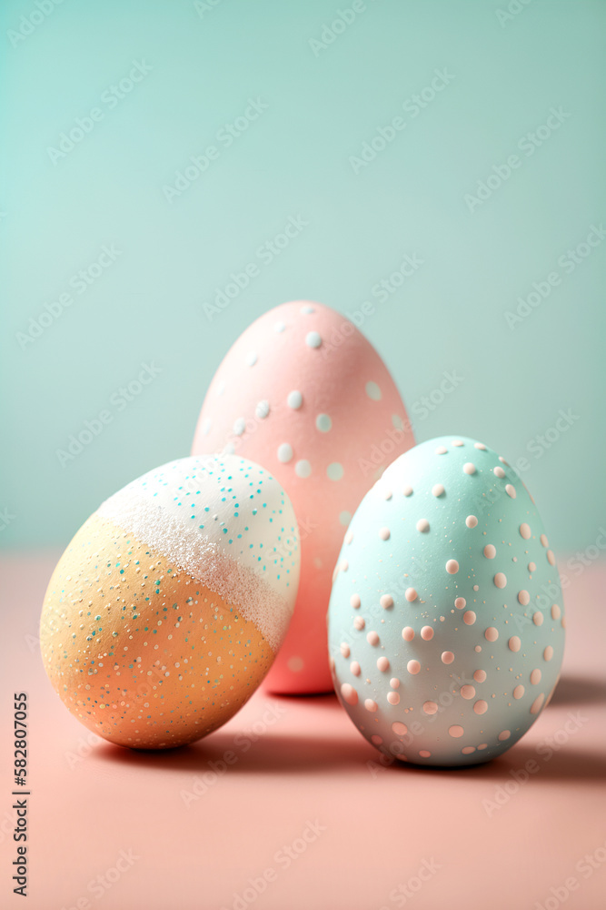 Minimalist composition from three decorated Easter eggs in pastel colors on pink blue background. Soft morning light. Holiday banner card template with copy space. AI generated