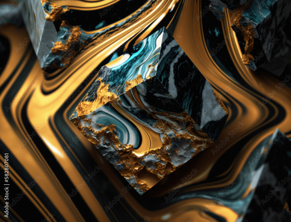 Dark black and gold Marble stone texture background material with elements of semi-precious stones and gold created with Generative AI technology.