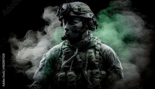 Soldier close-up face with mask and and military equipment with green and white smoke in background. Fictional person created with generative AI
