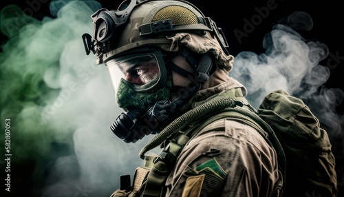 Soldier close-up face with mask and and military equipment with white smoke in background. Fictional person created with generative AI