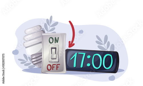 the concept of turning off the lights in the office at work after a working day. energy saving lamp, light switch, clock. Flat, cartoon style. world health day