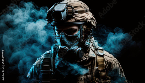 Soldier close-up face with mask and and military equipment with blue and white smoke in background. Fictional person created with generative AI