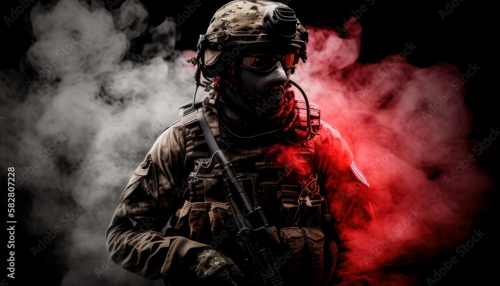 Soldier close-up face with mask and and military equipment with red and white smoke in background. Fictional person created with generative AI