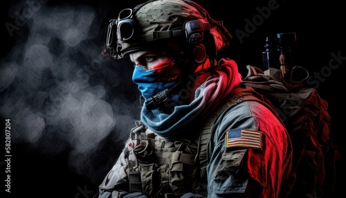 Soldier close-up face with mask and and military equipment with red and white smoke in background. Fictional person created with generative AI