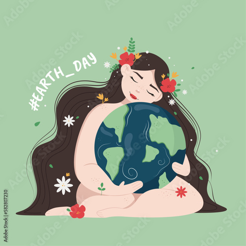 Girl hugs the Earth vector flat illustration, poster, card, Earth day.